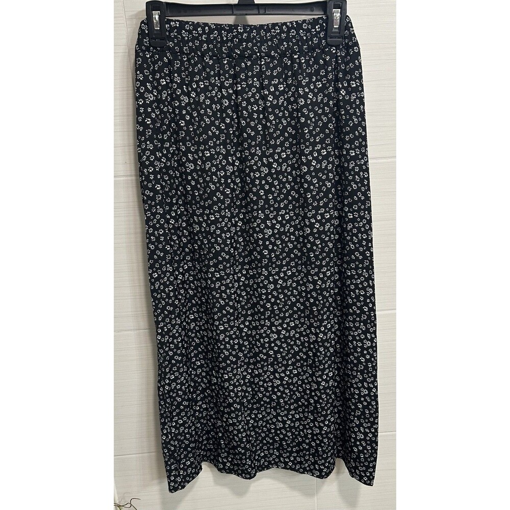 Gap Satiny Black White Ditsy Floral Print Midi Maxi Pull On Comfort Stretch XLT